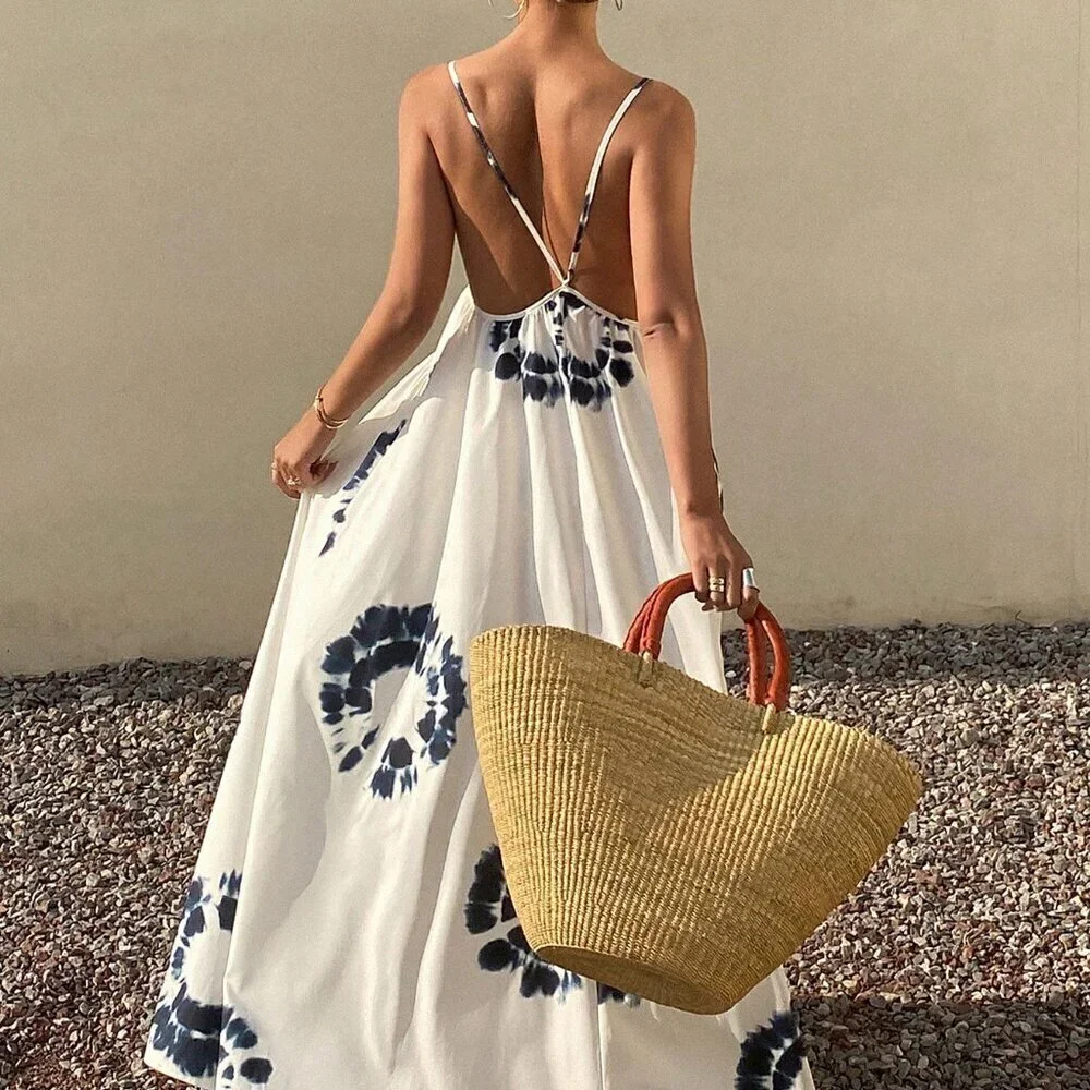 Beige Boho Women's Full Floral Print Spaghetti Strap Dress - Picture 2 of 7